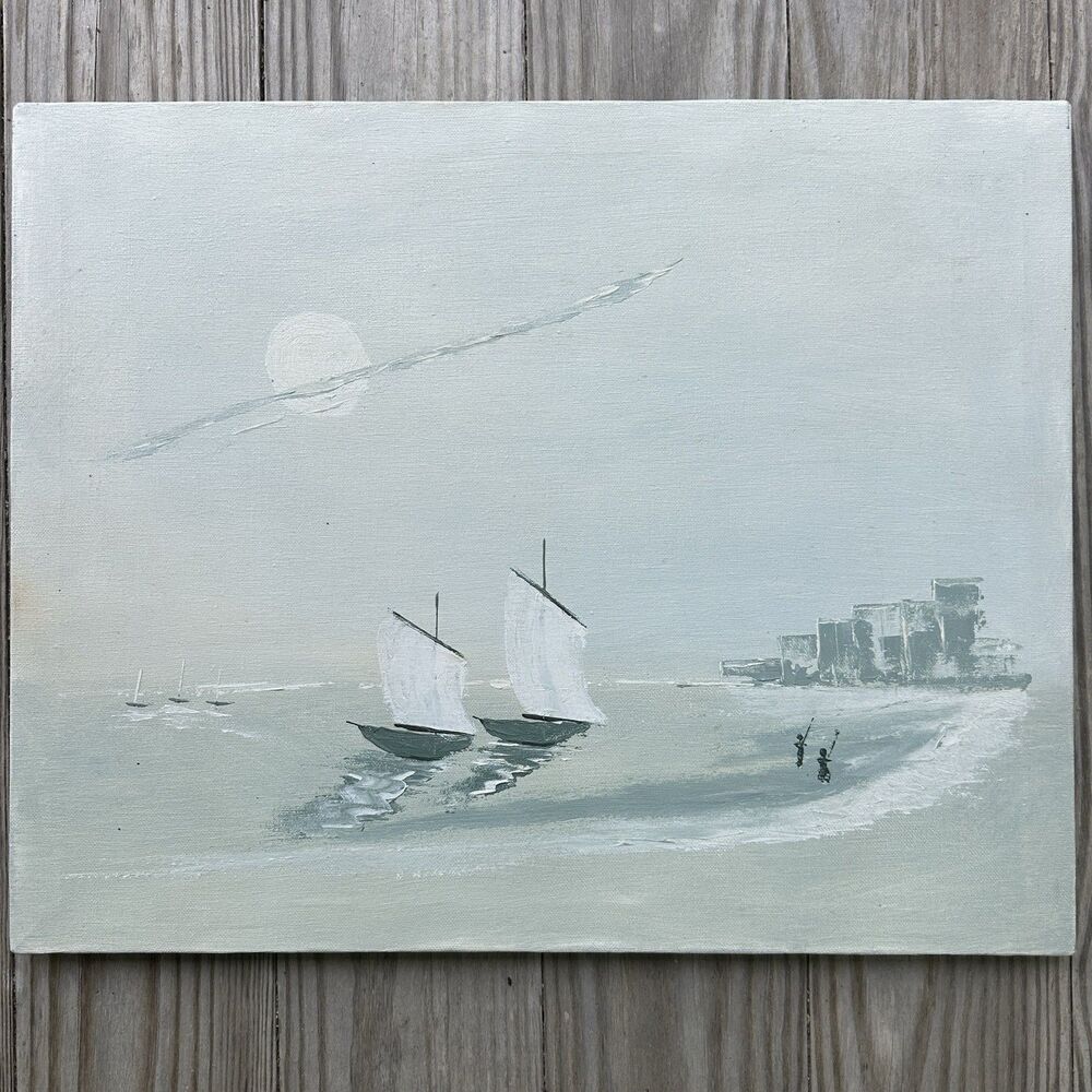 Vintage Seascape Oil Painting Canvas Sailboats Coastal Town Tonalist MCM 16x20
